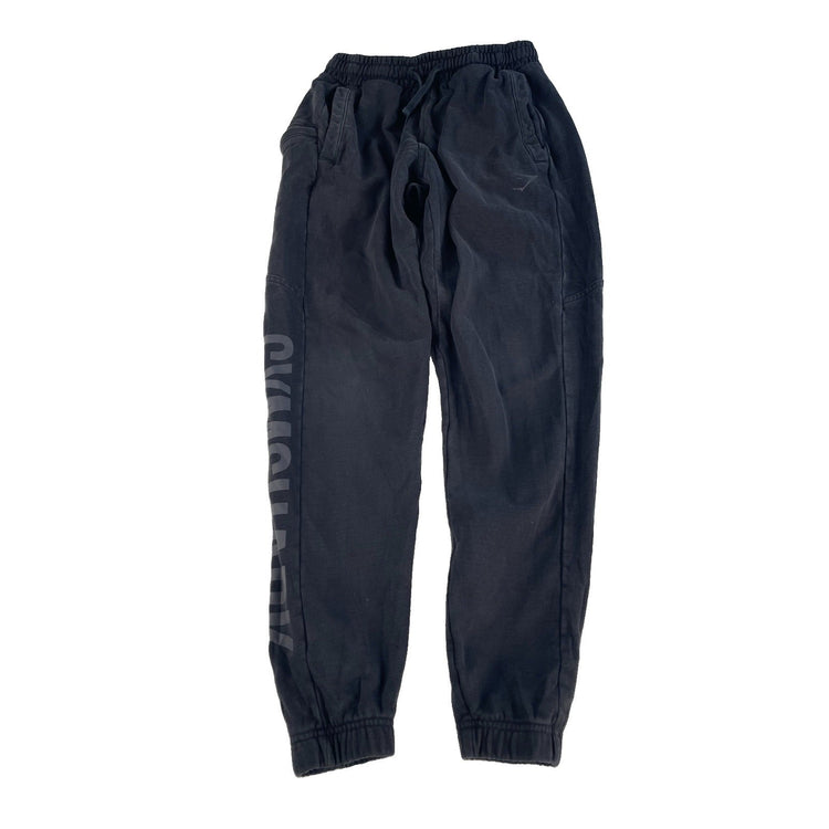 Mens Gymshark Faded Black Big Vertical Leg Logo Fleece Cuffed Joggers Size XS