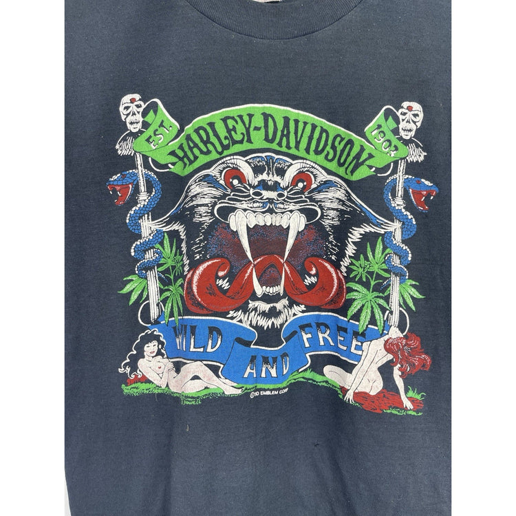 Men’s Vintage 80s “Wild & Free” 3D Emblem Harley-Davidson T Shirt Sz Small