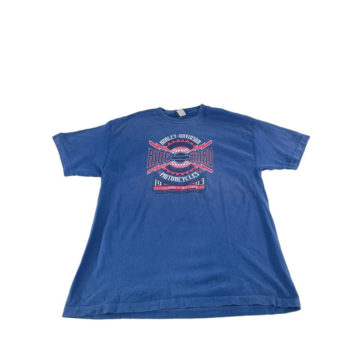 Mens Harley Davidson Motorcycle “Ride Hard” Graphic T-Shirt Blue Size Xl