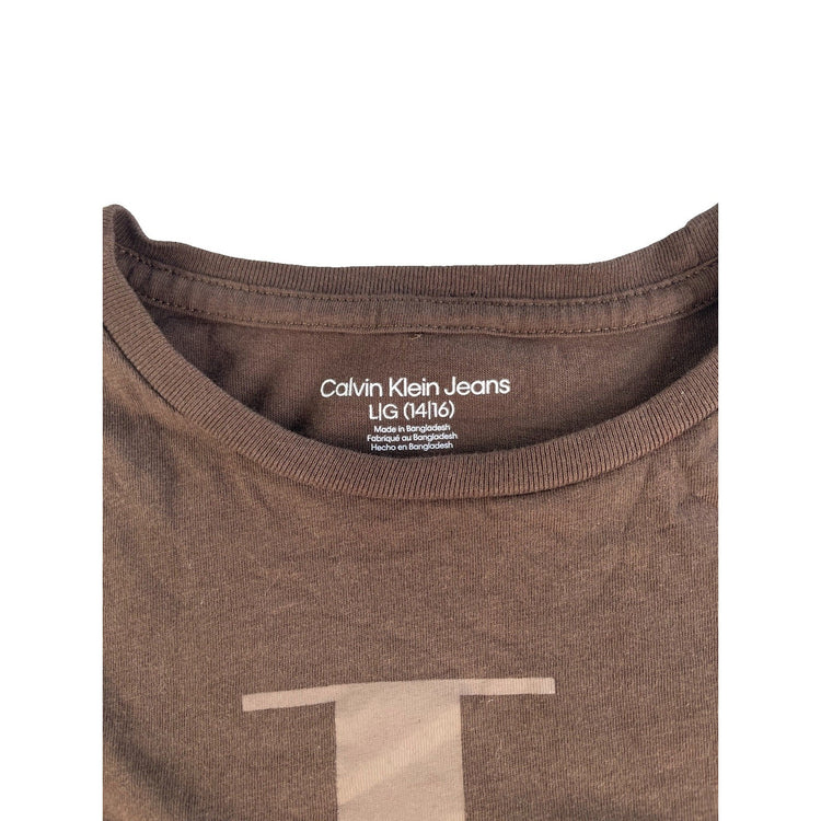 Youth Boys Calvin Klein Jeans Brown T-Shirt Logo Print Size L