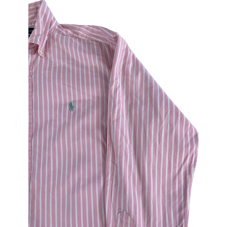 Mens Ralph Lauren Long-Sleeve Button-Up Polo Shirt Pink W/White Stipes Size 15