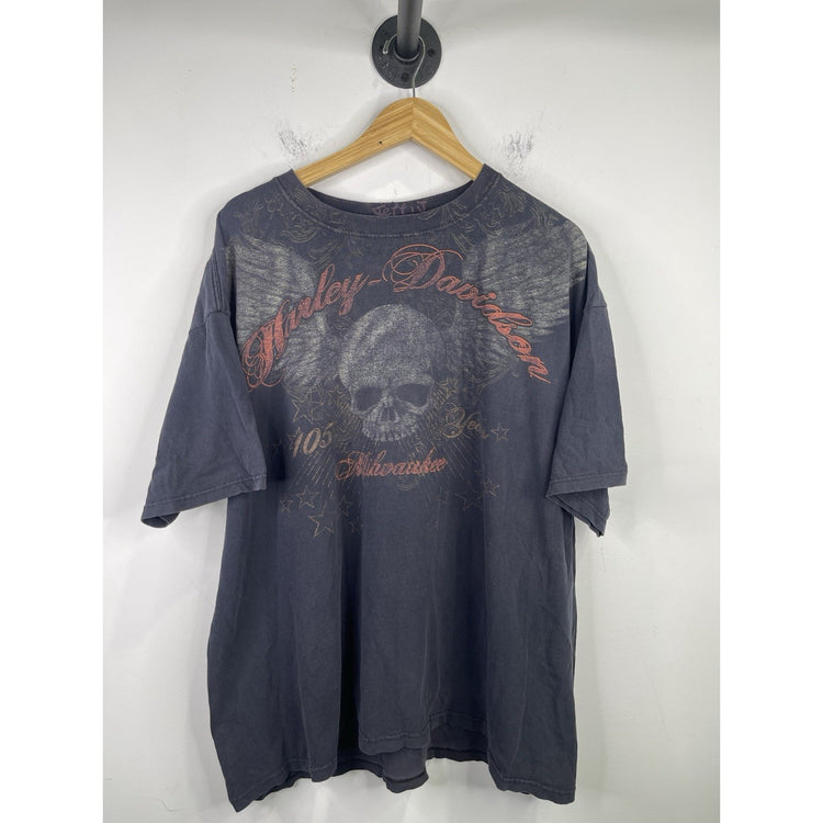 VTG Harley Davidson Moto 105 Years Milwaukee Winged Skull Shirt Mens XL Black