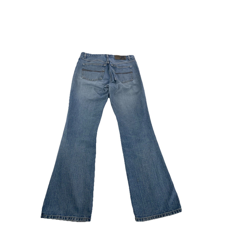 Womens EXPRESS Y2K Low Rise Distressed Hems Bootcut Jeans Light Wash 7/8R