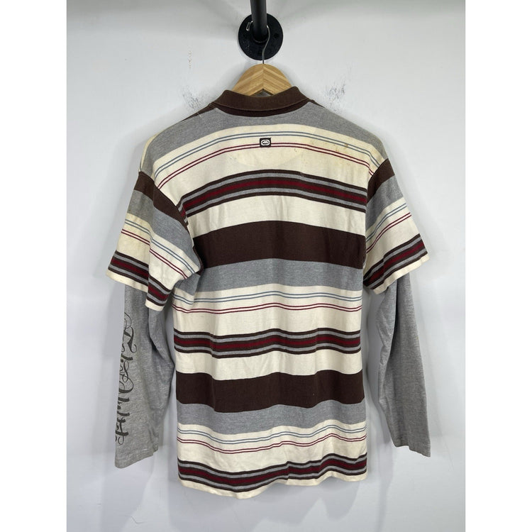 Men’s Vintage Y2K Eckō Unltd Brown Striped Polo Long Sleeve Shirt Sz L