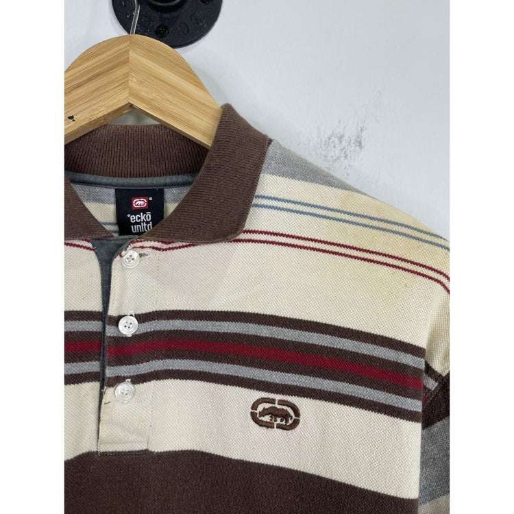 Men’s Vintage Y2K Eckō Unltd Brown Striped Polo Long Sleeve Shirt Sz L