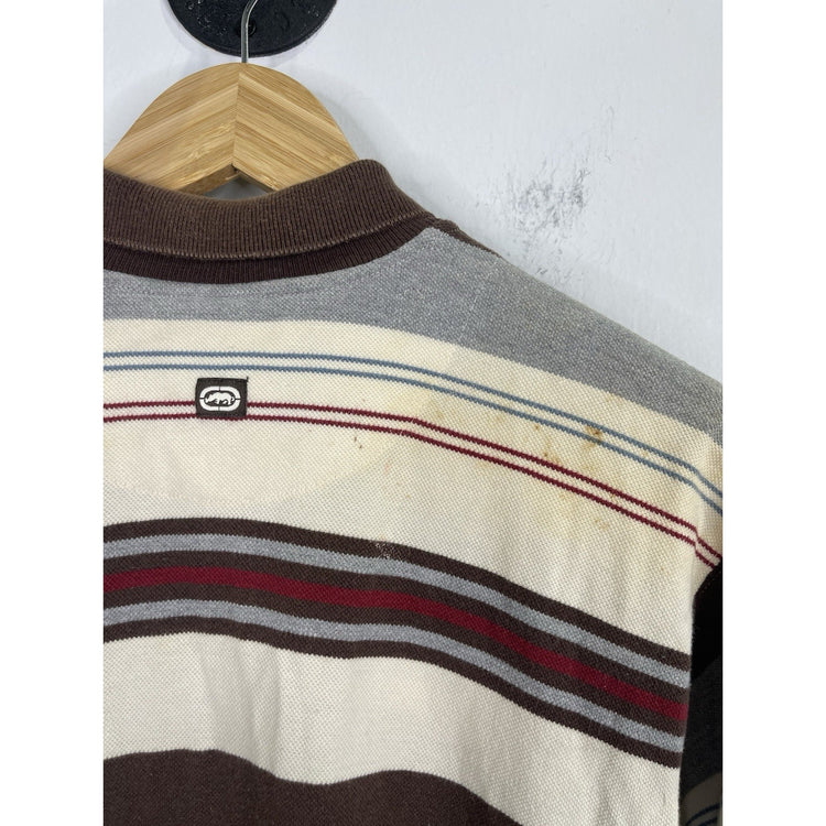 Men’s Vintage Y2K Eckō Unltd Brown Striped Polo Long Sleeve Shirt Sz L