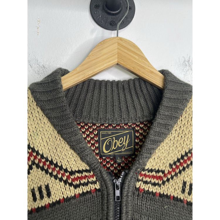 Adult VTG Obey 100% Acrylic Geometric Cardigan Zip Up Sz S
