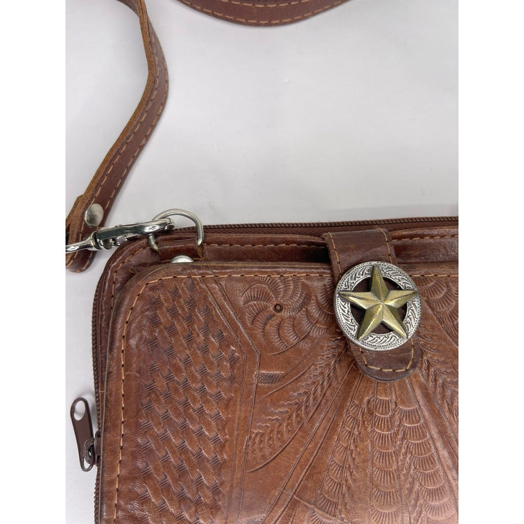 Women’s Western Brown Leather Tribal/Floral Design Crossbody Bag
