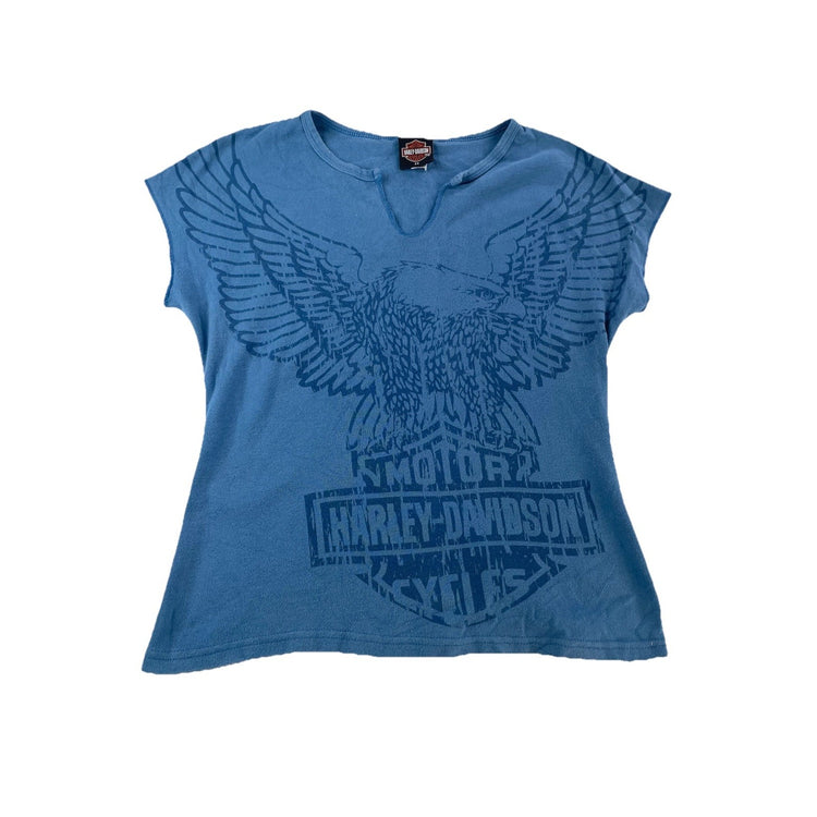Womens Y2K Harley Davidson Blue Stafford Texas V Neck Shirt Size 2XL
