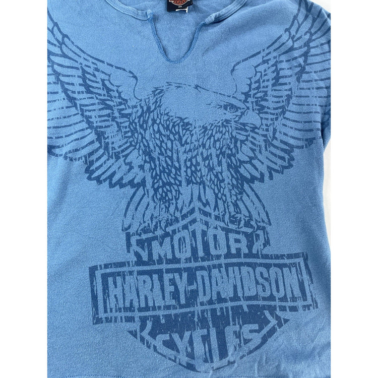 Womens Y2K Harley Davidson Blue Stafford Texas V Neck Shirt Size 2XL