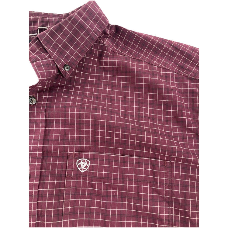 Mens Ariat Pro Series Stretch Maroon Button-Down LongSleeve Plaid Shirt Size Xl