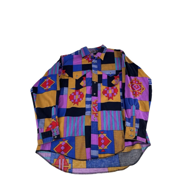 Mens Vintage Wrangler Cowboy Cut Shirt Southwestern Geometric Print Size 16.5-34