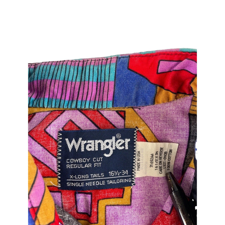 Mens Vintage Wrangler Cowboy Cut Shirt Southwestern Geometric Print Size 16.5-34