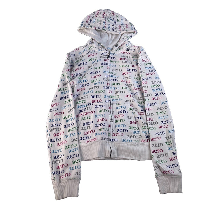 Womens Aeropostale White Zip Up Hoodie All Over Logo Print Size XL