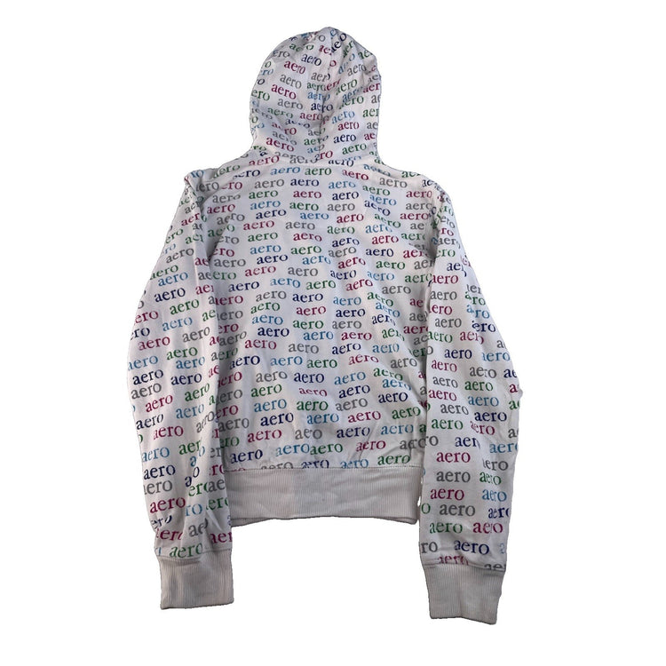 Womens Aeropostale White Zip Up Hoodie All Over Logo Print Size XL