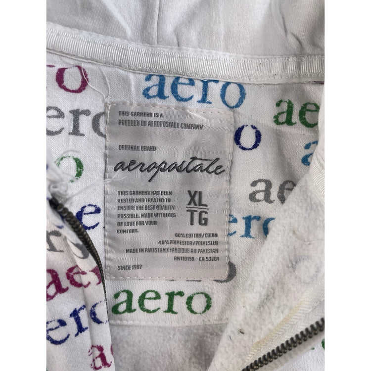 Womens Aeropostale White Zip Up Hoodie All Over Logo Print Size XL