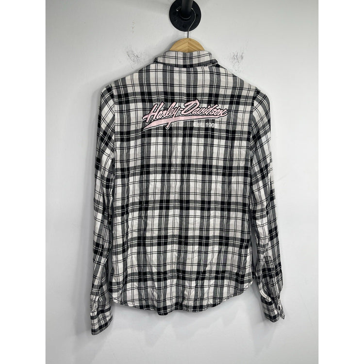 Adult VTG Breast Cancer Awareness Harley Davidson Plaid Button Down Shirt Sz S