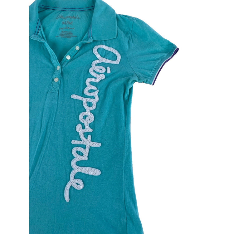 Women's Aéropostale Sequin Script Polo Shirt Turquoise Blue Size M