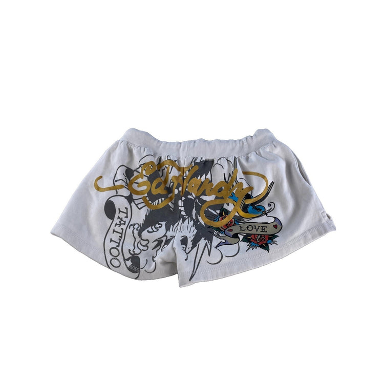 Womens Ed Hardy Tattoo Graphic Fleece Sweat Shorts White And Gold Size L