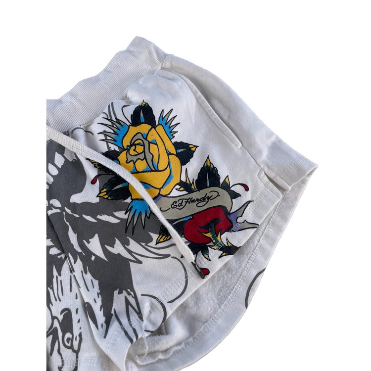 Womens Ed Hardy Tattoo Graphic Fleece Sweat Shorts White And Gold Size L