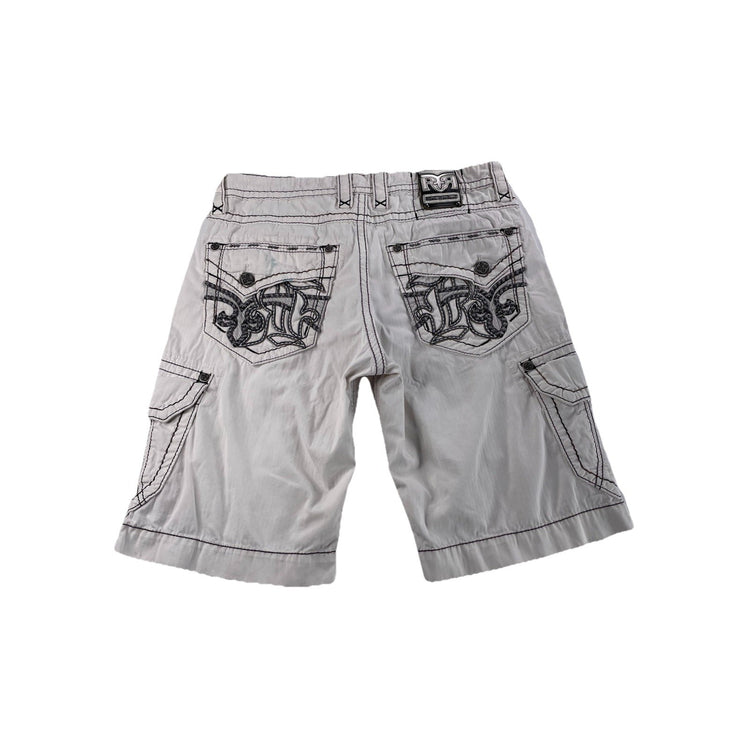 Men Rock Revival White Cargo Shorts Thivk Black Stitch Size 34