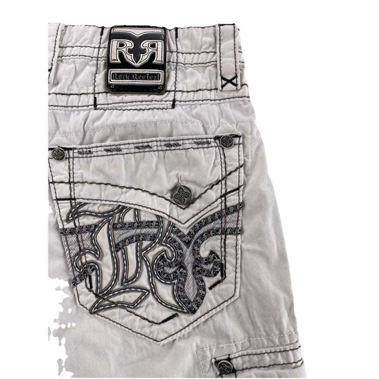 Men Rock Revival White Cargo Shorts Thivk Black Stitch Size 34