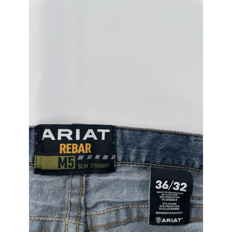 Mens Ariat REBAR M5 Slim Straight, Built To Last, Denim Blue Jeans Size 36x32