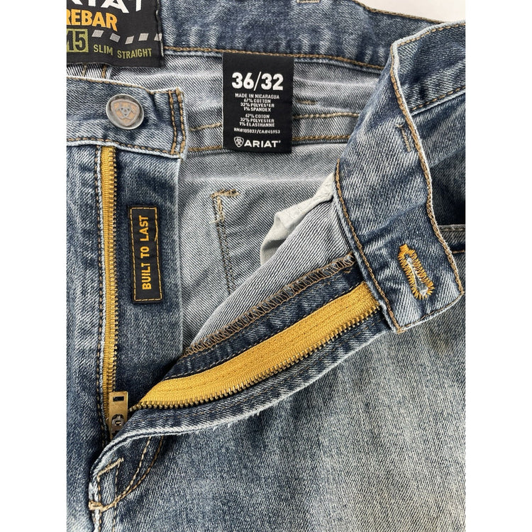 Mens Ariat REBAR M5 Slim Straight, Built To Last, Denim Blue Jeans Size 36x32