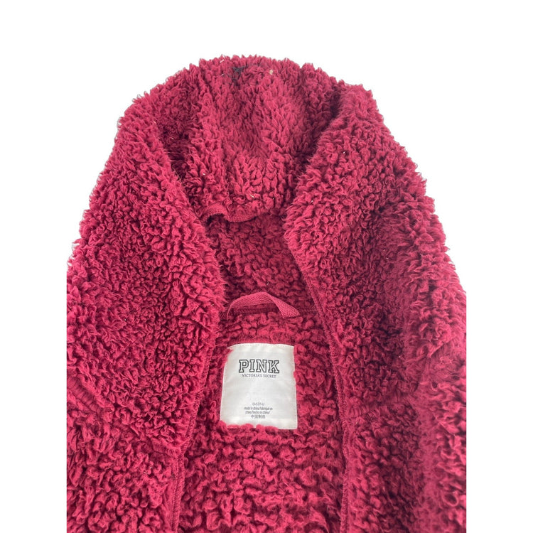 Victoria Secret PINK Sherpa Cardigan OSFM Burgundy Maroon Hooded Jacket One Size