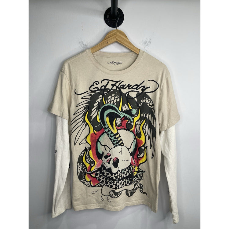 Men’s Vintage Y2K Ed Hardy Skull & Snake Graphic Beige Long Sleeve Sz M