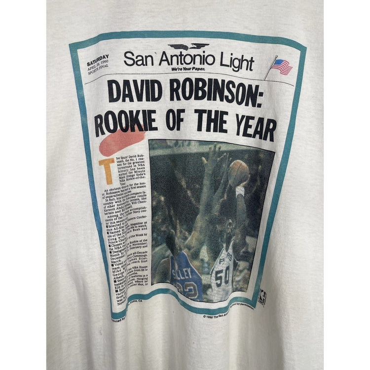 RARE VTG 1990 David Robinson rookie of the year spurs Newspaper Shirt Sz XLarge