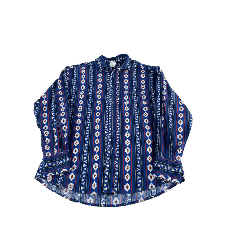 Mens Wrangler Western LongSleeve Pearl SnapDown Blue Geometric Shirt Size Xl