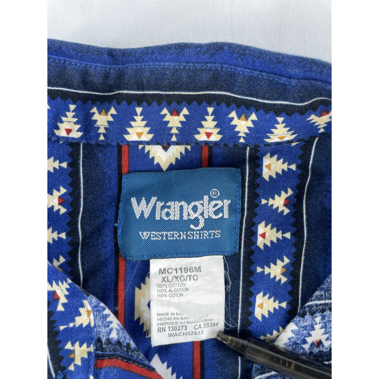 Mens Wrangler Western LongSleeve Pearl SnapDown Blue Geometric Shirt Size Xl