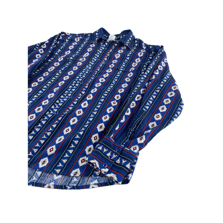 Mens Wrangler Western LongSleeve Pearl SnapDown Blue Geometric Shirt Size Xl