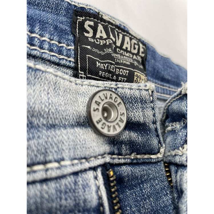 Mens Salvage Denim Mayhem Boot, Regular Fit Light Wash Blue Jeans Size 32