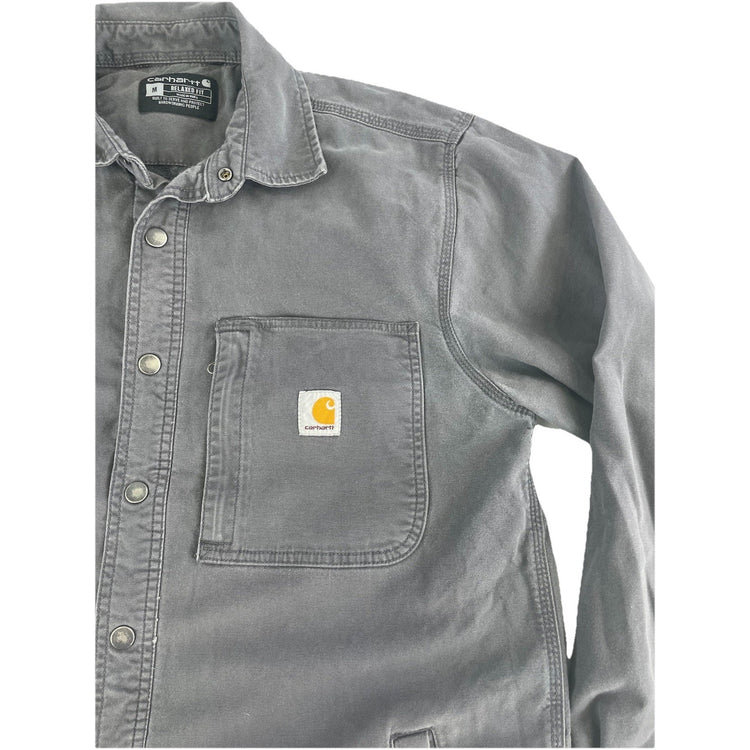Mens Carhartt Gray Relaxed Fit Canvas Fleece Lined Button Up T Shirt Size Medium