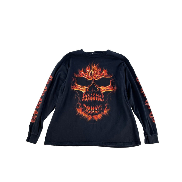Mens Y2K Vintage Flaming Skull Graphic Print Long Sleeve Black T-Shirt Size Xl