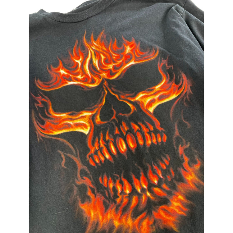 Mens Y2K Vintage Flaming Skull Graphic Print Long Sleeve Black T-Shirt Size Xl