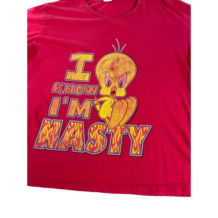 Womens Looney Tunes Tweety Bird I Know I'm Nasty V-Neck T-Shirt Red Size 2xl