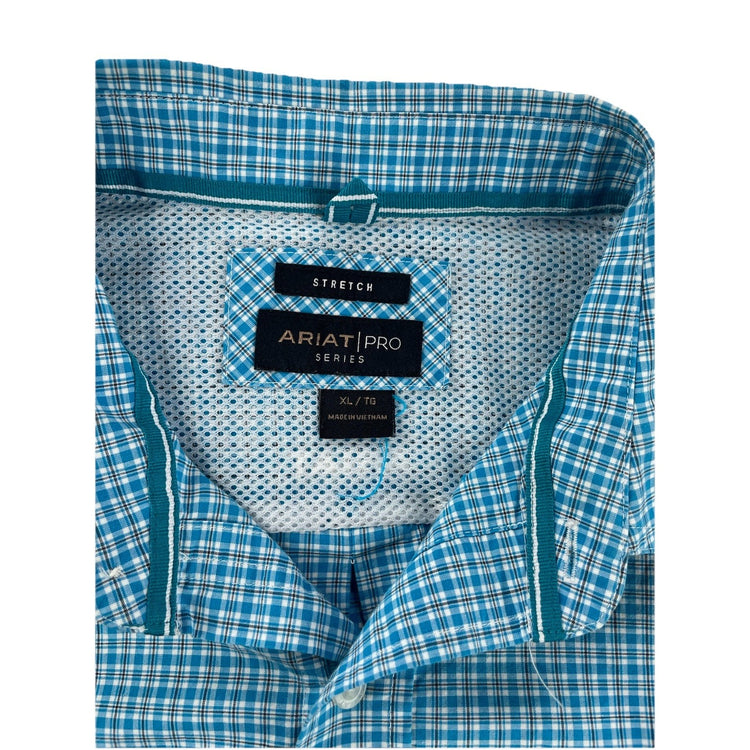 Mens Ariat Pro Series |Stretch|Teal Plaid Pattern Button Up Tee Size Xl