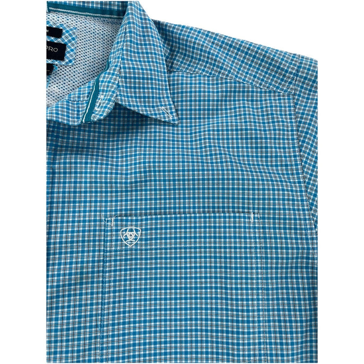 Mens Ariat Pro Series |Stretch|Teal Plaid Pattern Button Up Tee Size Xl