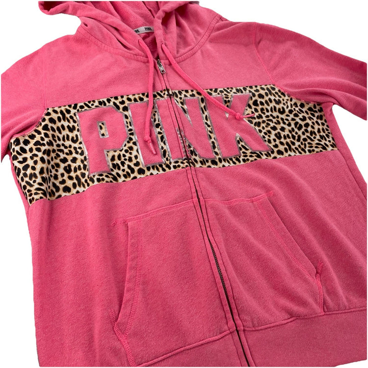Womens Victoria’s Secret PINK Size Large Pink Zip Up Jacket With Leopard Print