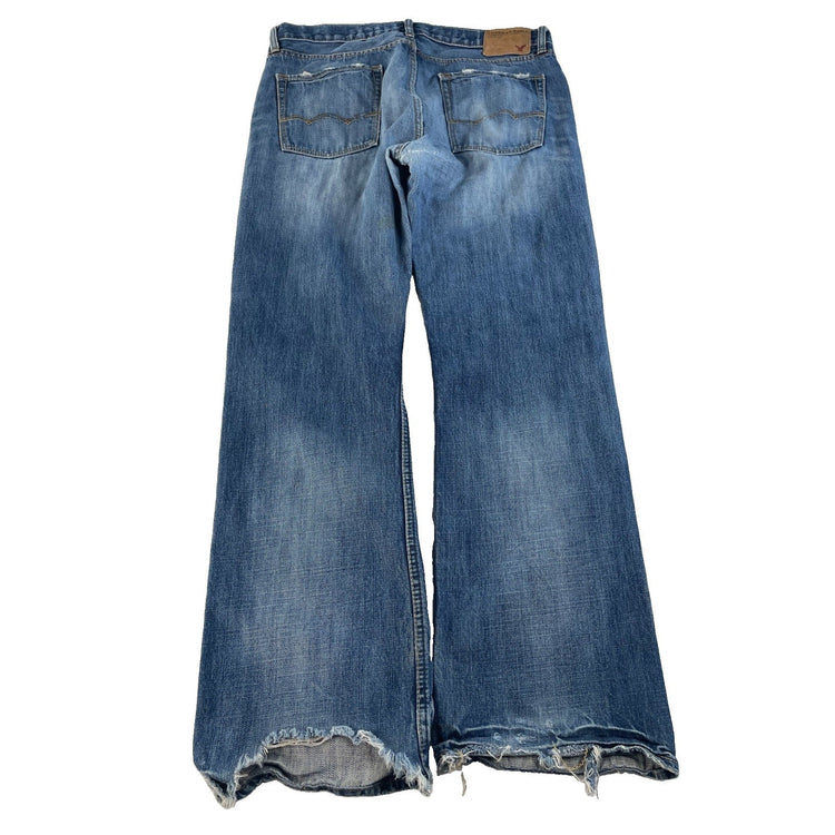 Mens American Eagle Low Rise Bootcut Jeans Blue Distressed Denim Size 34x32