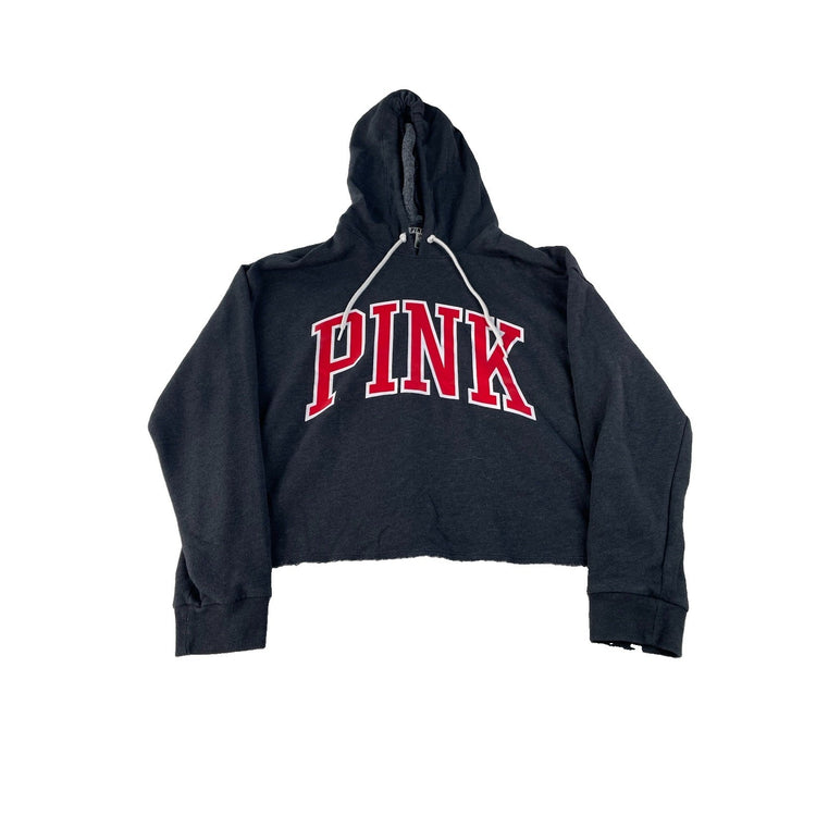 Womens Victoria's Secret PINK Dark Grey Cropped Pullover Hoodie Red Logo Size L
