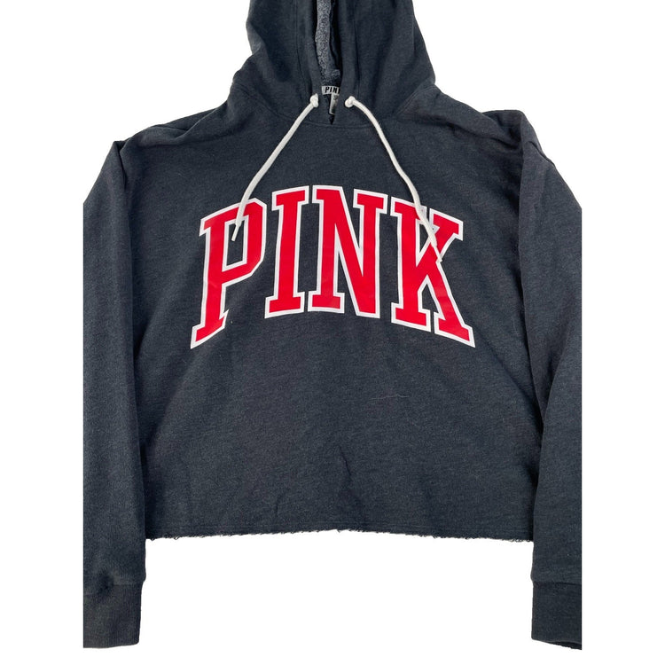 Womens Victoria's Secret PINK Dark Grey Cropped Pullover Hoodie Red Logo Size L
