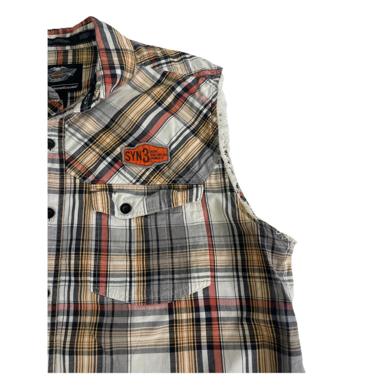 Men Harley Davidson Motorclothes Biker Multicolor Plaid Sleeveless Shirt Size Xl