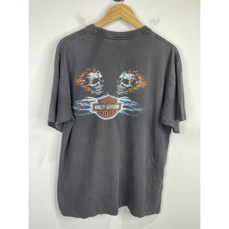 Men’s Vintage Harley Davidson Double Sided Graphic Flaming Skulls T Shirt Sz L