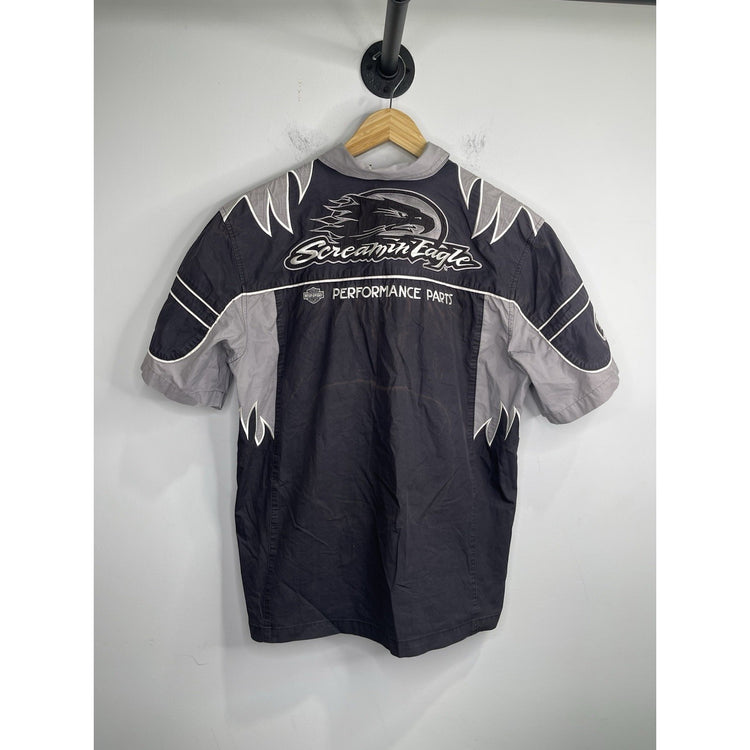 Men’s Harley Davidson Racing Black & Gray Eagle Parts Embroid Button Up Sz L