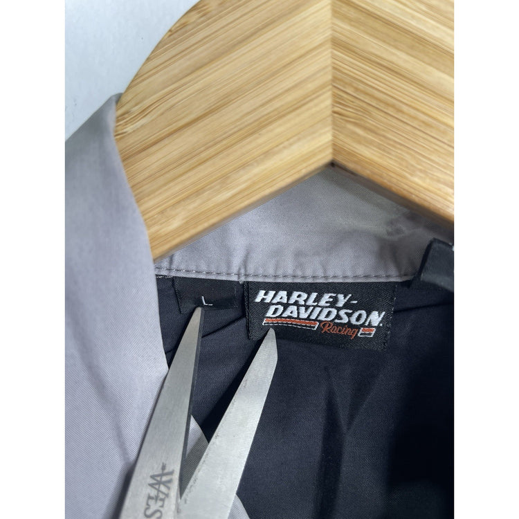 Men’s Harley Davidson Racing Black & Gray Eagle Parts Embroid Button Up Sz L