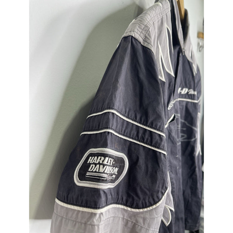 Men’s Harley Davidson Racing Black & Gray Eagle Parts Embroid Button Up Sz L